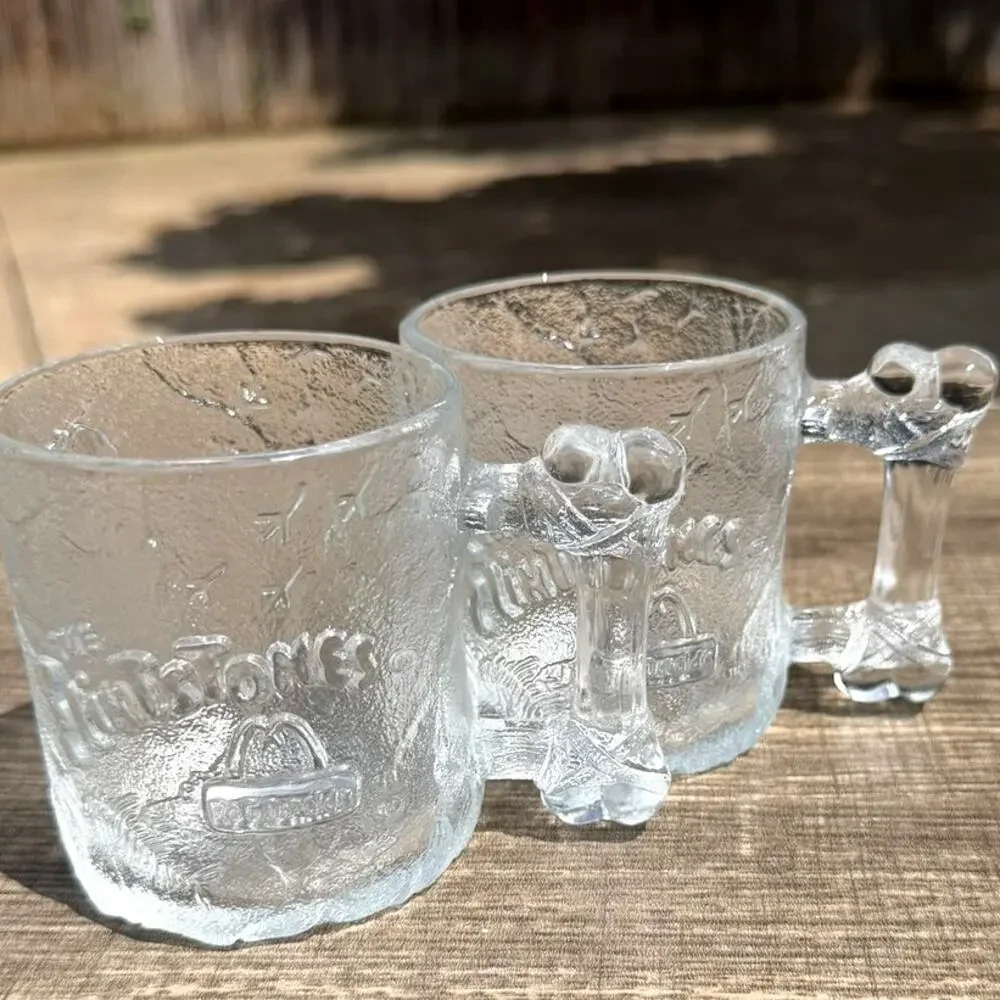 Vintage 1993 McDonalds Flintstones RocDonalds Glass Mugs Bone Handle-Set of 2